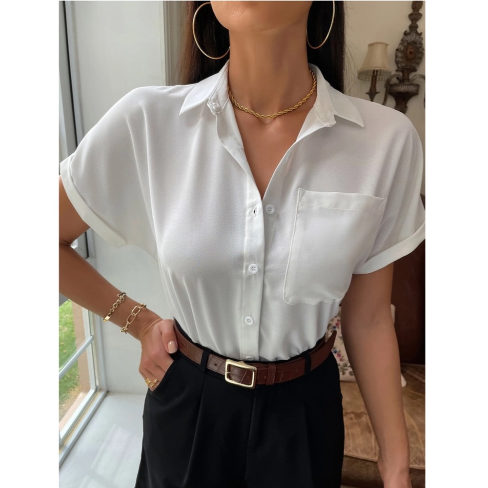 White Casual Button Up / Down Shirt Collar V-Neck Button Front Short Sleeve - Picture 5 of 17